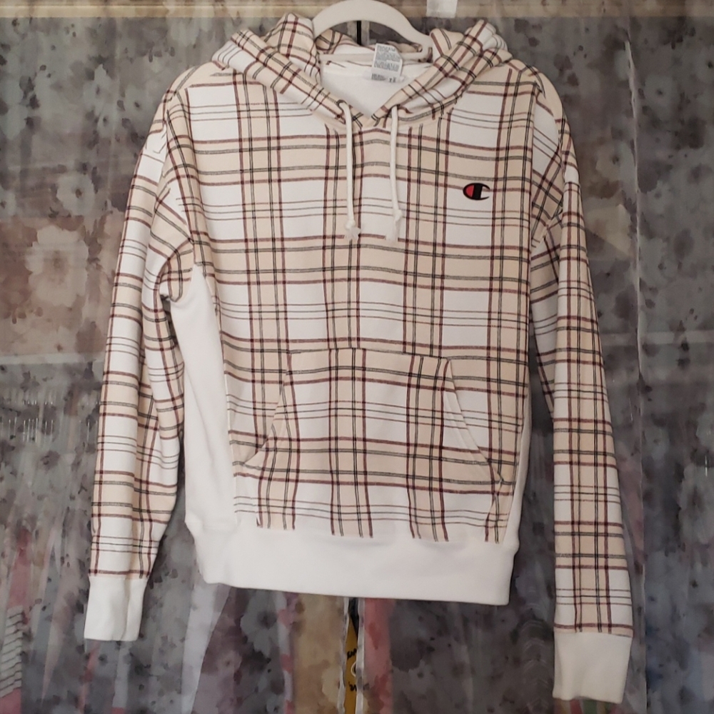Champion Brown White Beige Plaid Medium Hoodie
